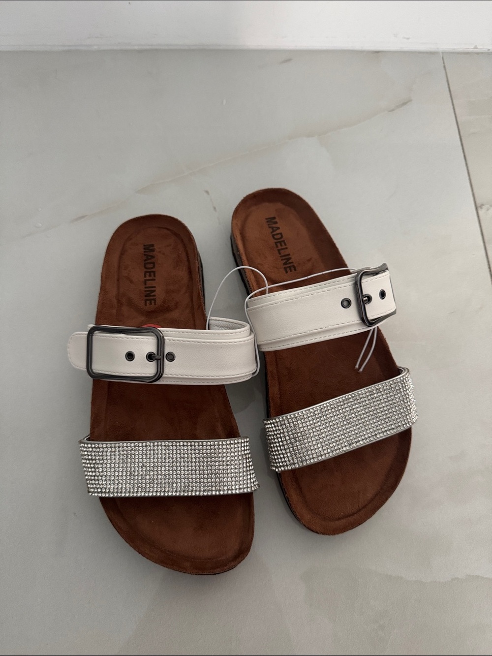 Madeline White Rhinestone Buckle Slide Sandals